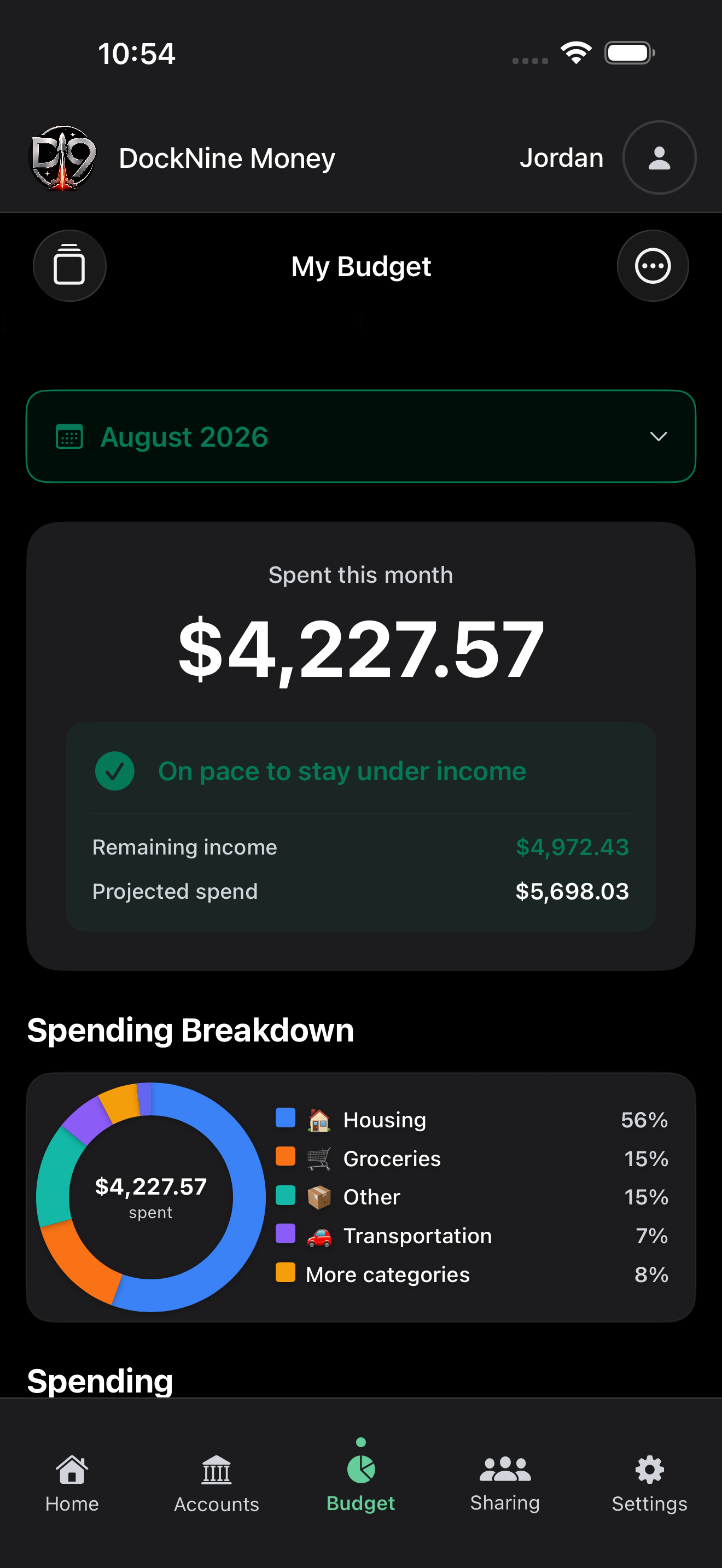 DockNine Money Budget showing $4,227 spent, remaining income, and a category breakdown