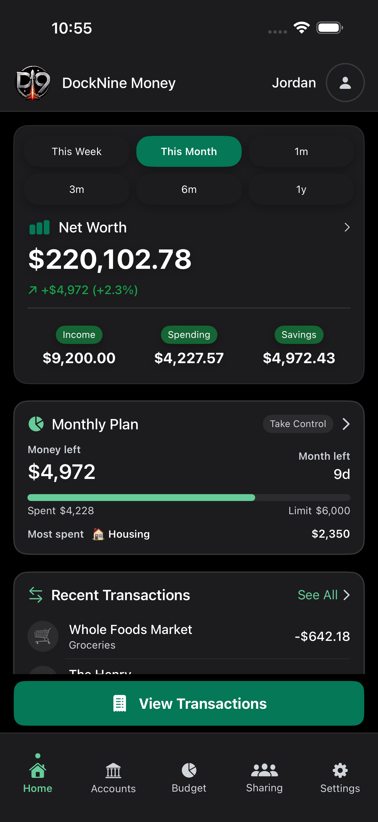 DockNine Money Home showing a $220,102 net worth, monthly cash flow, budget progress, and recent transactions
