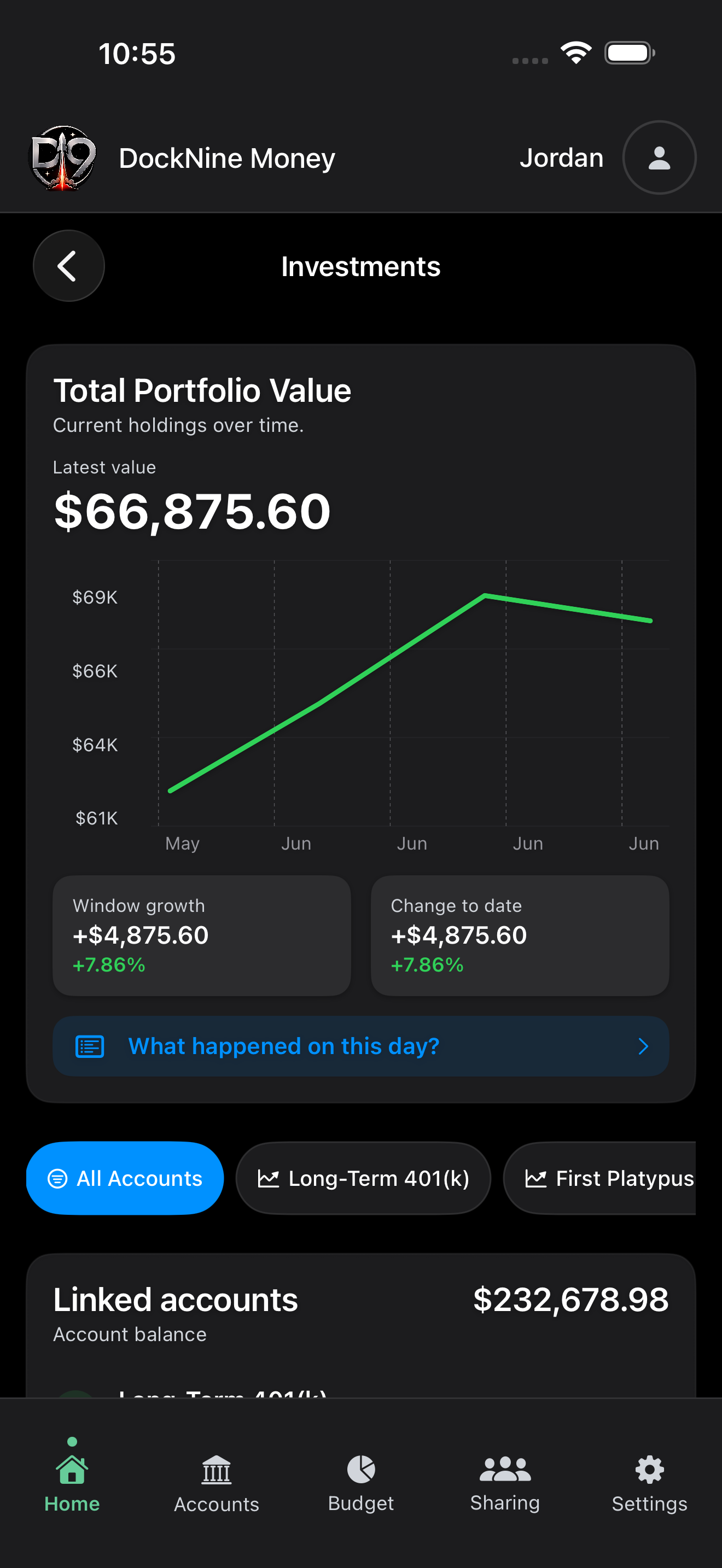 DockNine Money Investments showing a $66,875 portfolio and its growth chart