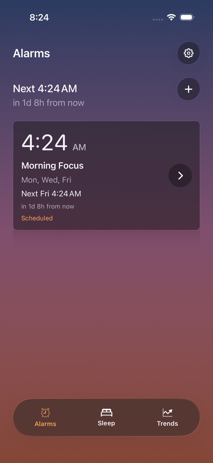 FirstLight Alarm home screen with a scheduled alarm