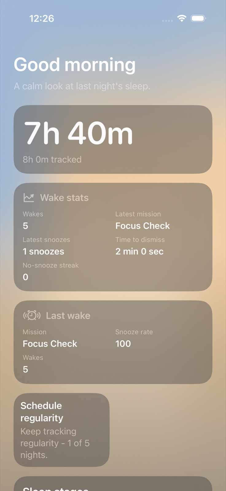 FirstLight Alarm morning summary with sleep duration and wake statistics