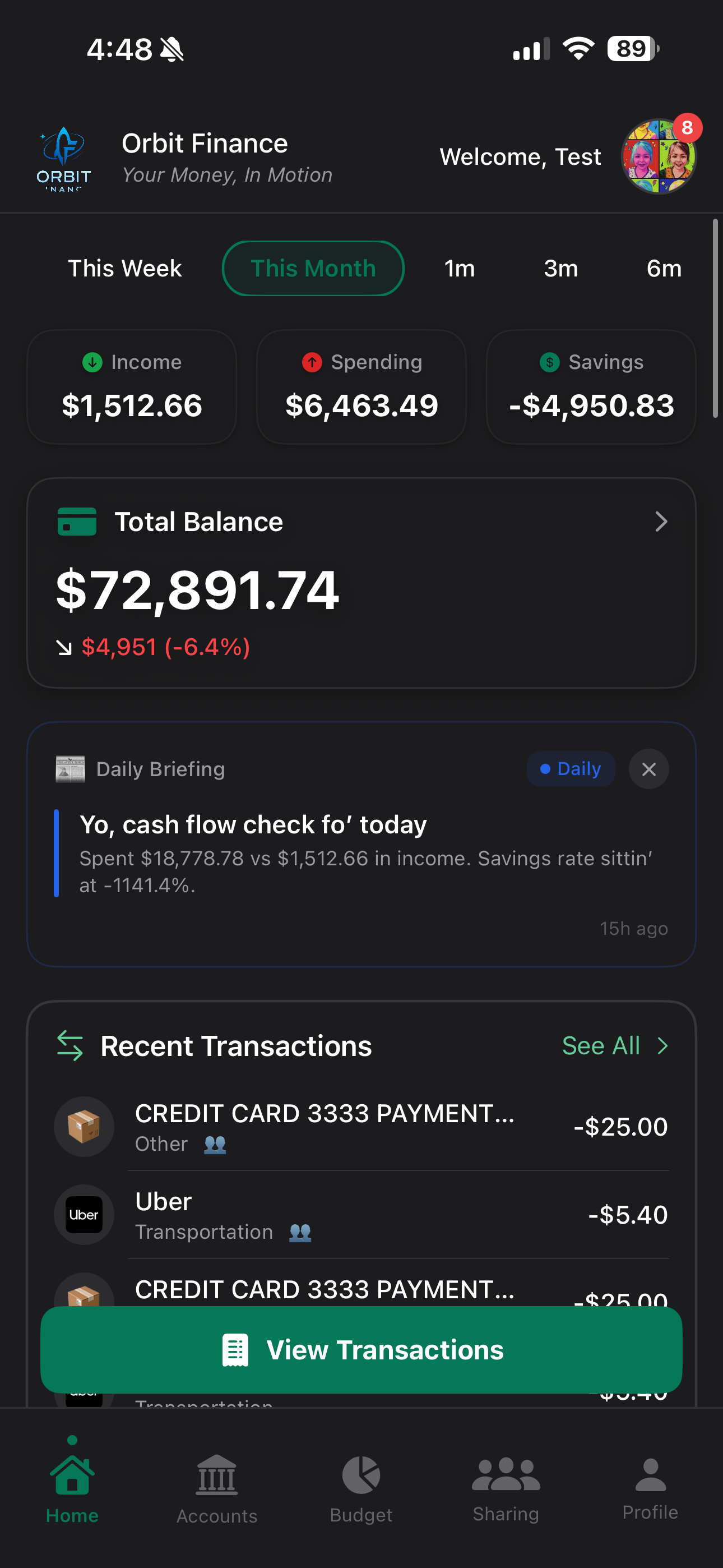 Home dashboard with balance and transactions