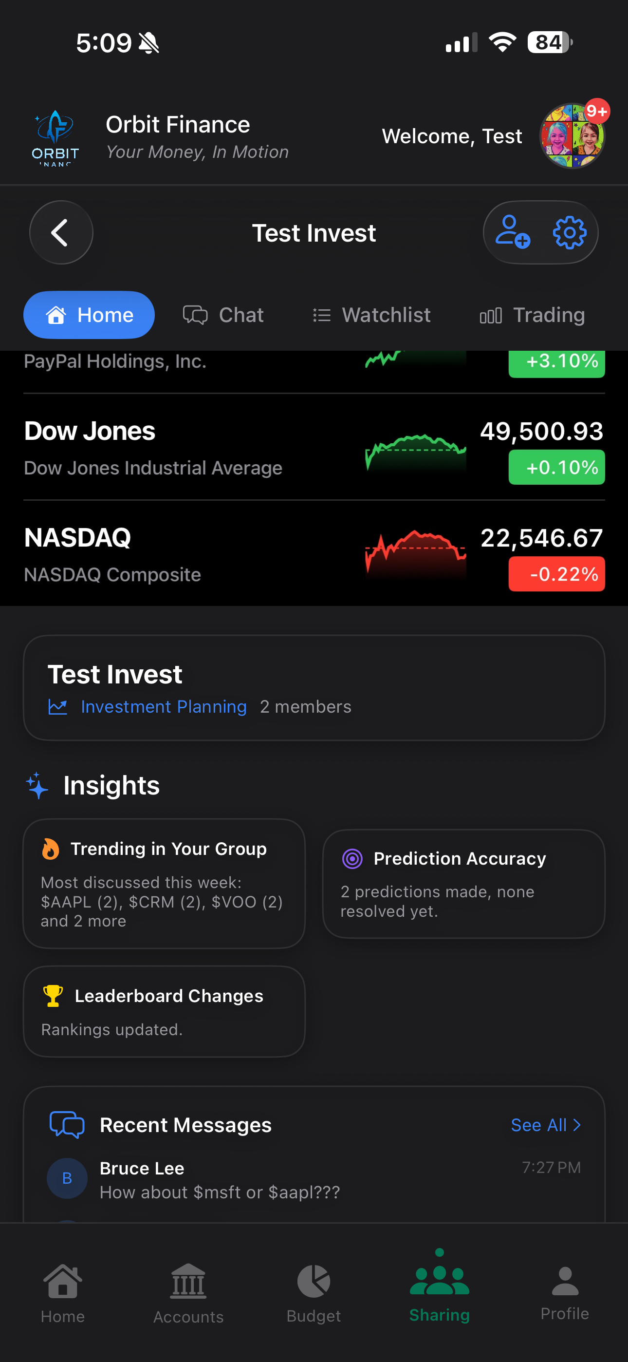 Investment group with watchlist